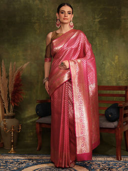 Chhabra 555 - Handloom Banarasi Silk Pink Saree With Zari Woven Flowers with Unstitched Blouse