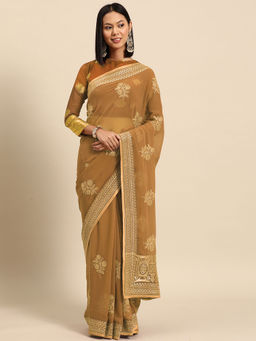 Chhabra 555 - Aari Resham Embroidered Saree With Crystal Embellished Floral with Unstitched Blouse