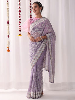 Chhabra 555 - Chikankari Resham Lavender Saree With Floral with Unstitched Blouse