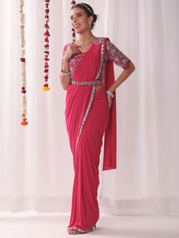 Chhabra 555 - Pink Pre-Stitched Saree With Aari Embroidered Stitched Blouse & Belt