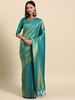 Chhabra 555 - Zari Woven Ethnic Kanjeevaram Teal Saree With Gold Zari Ethnic with Unstitched Blouse