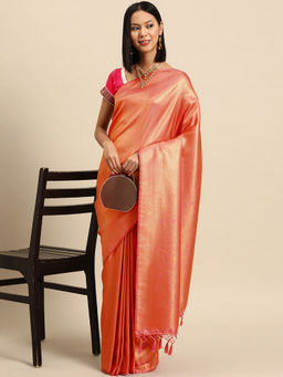 Chhabra 555 - Zari Woven Ethnic Kanjeevaram Orange Saree With Gold Zari with Unstitched Blouse