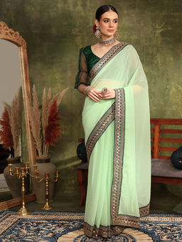 Chhabra 555 - Ombre Resham Embroidered Green Saree With Sequinned Stripes & Unstitched Blouse