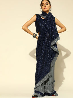 Chhabra 555 - Blue Ruffled Pre-Draped Saree With Sequin Frills with Stitched Blouse