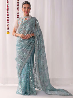 Chhabra 555 - Ombre Resham Embroidered Turquoise Saree With Sequinned Stripes & Unstitched Blouse