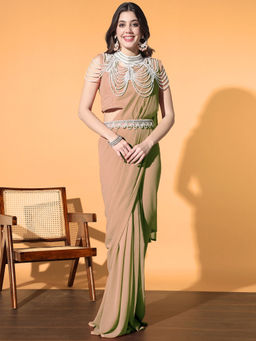 Chhabra 555 - Beige Pre-Stitched Monotone With Pearl & Crystal Necklace And Belt with Blouse