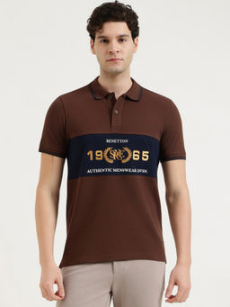 United Colors of Benetton - Brown Pure Cotton Relaxed Fit Typography Polo T-Shirt