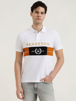 United Colors of Benetton - White Pure Cotton Relaxed Fit Typography Polo T-Shirt