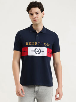 United Colors of Benetton - Navy Blue Pure Cotton Relaxed Fit Typography Polo T-Shirt