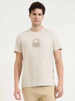 United Colors of Benetton - Beige Pure Cotton Relaxed Fit Half Sleeves Solid T-Shirt