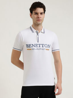 United Colors of Benetton - White Cotton Blend Relaxed Fit Typography Polo T-Shirt