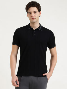 United Colors of Benetton - Black Pure Cotton Relaxed Fit Half Sleeves Solid Polo T-Shirt