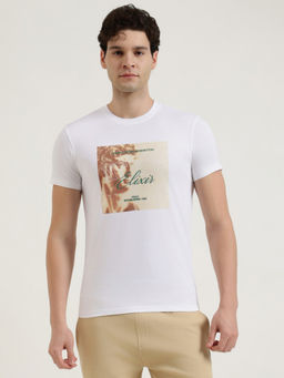 United Colors of Benetton - White Cotton Blend Relaxed Fit Half Sleeves Graphic T-Shirt