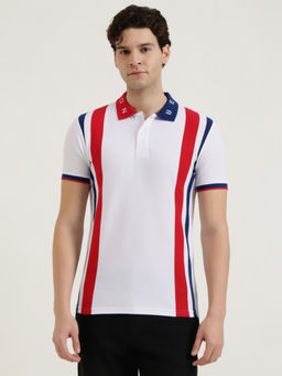 United Colors of Benetton - White Cotton Blend Relaxed Fit Stripes Polo T-Shirt