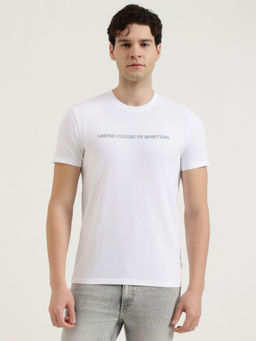 United Colors of Benetton - White Cotton Blend Relaxed Fit Half Sleeves Solid T-Shirt