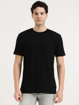 United Colors of Benetton - Black Cotton Blend Relaxed Fit Half Sleeves Textured T-Shirt