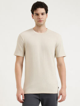United Colors of Benetton - Cream Cotton Blend Relaxed Fit Half Sleeves Textured T-Shirt