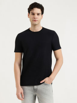 United Colors of Benetton - Black Cotton Blend Relaxed Fit Half Sleeves Textured T-Shirt