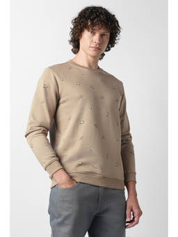Van Heusen - Beige Cotton Blend Regular Fit Full Sleeves Printed Sweatshirt