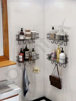 Plantex - Gi Steel Multipurpose Bathroom Shelves with Hooks (Pack Of 4) (Black)