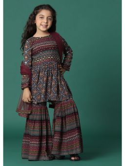 KALKI FASHION - Brown Kurta And Sharara Set With Abla Work For Girls (Set of 3)