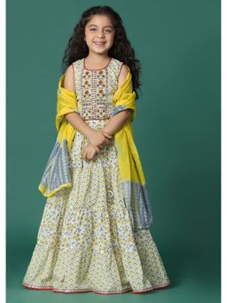 KALKI FASHION - Beige Cream Printed Lehenga And Blouse Set For Girls (Set of 3)