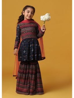 KALKI FASHION - Peacock Blue Printed Kurta And Sharara Set For Girls (Set of 3)