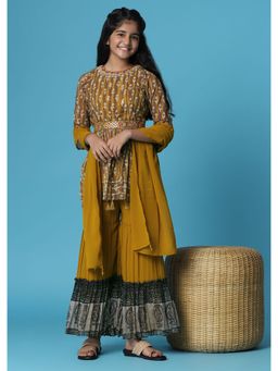 KALKI FASHION - Mustard Yellow Printed Kurta And Sharara Set For Girls (Set of 3)