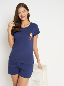 Clovia - Cotton Blue Solid T-Shirt and Shorts (Set of 2)