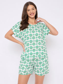 Clovia - Rayon White Printed T-Shirt and Shorts (Set of 2)