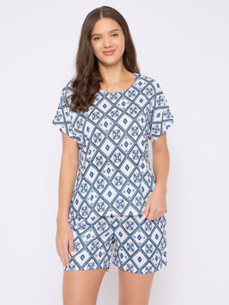 Clovia - Rayon White Printed T-Shirt and Shorts (Set of 2)