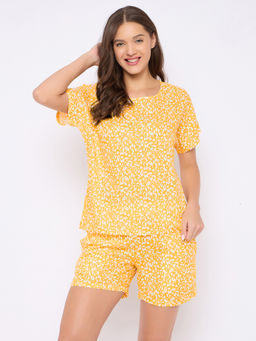 Clovia - Rayon Yellow Printed T-Shirt and Shorts (Set of 2)