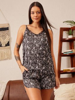 Clovia - Satin Black Printed T-Shirt and Shorts (Set of 2)