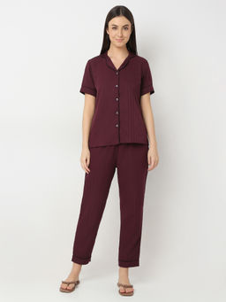 Smarty Pants - Womens Silk Satin Stripes Wine Shirt and Pajama (Set of 2)