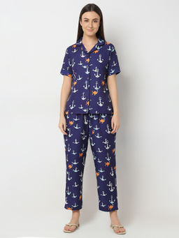 Smarty Pants - Womens Cotton Blue Print Shirt and Pajama (Set of 2)