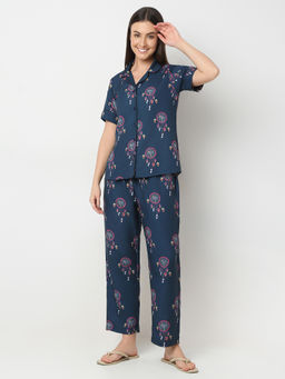 Smarty Pants - Womens Cotton Navy Blue Dream Catcher Print Shirt and Pajama (Set of 2)