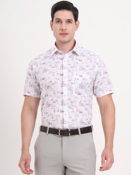 JadeBlue - Men White Linen Printed Regular Fit Formal Shirt