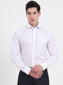 JadeBlue - Men White Linen Stripes Regular Fit Formal Shirt