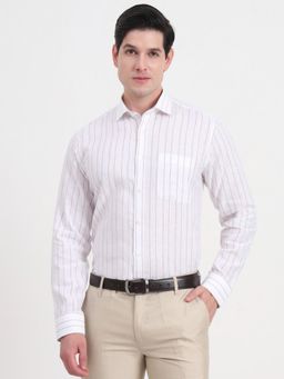 JadeBlue - Men White Linen Stripes Regular Fit Formal Shirt
