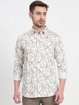 JadeBlue - Men Cream Pure Cotton Printed Slim Fit Casual Shirt