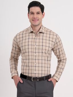 Metal - Men Beige Pure Cotton Checks Slim Fit Formal Shirt
