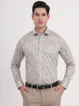 Metal - Men Beige Pure Cotton Geometric Slim Fit Formal Shirt
