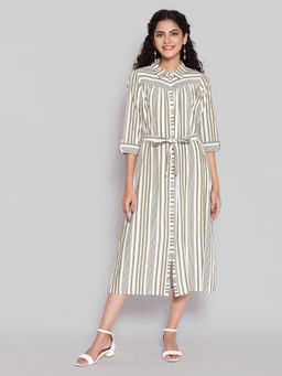 Aurelia - Olive Green Shirt Collar Flared Dress