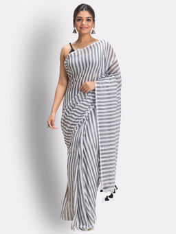 Angoshobha - Off White & Grey Stripes Molmol Cotton Saree with Unstitched Blouse