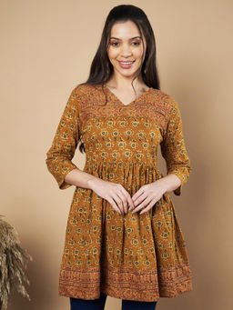 Vbuyz - Women Floral Printed Flared Cotton Mustard Stitched Tunic