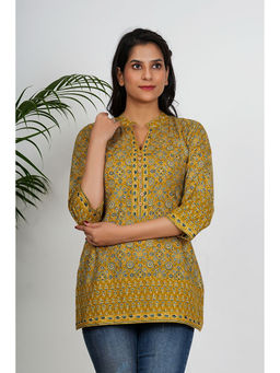 Vbuyz - Women Geometric Print Straight Cotton Mehendi Green Stitched Tunic