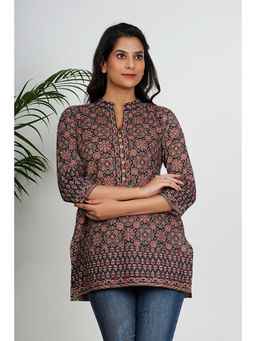 Vbuyz - Women Geometric Print Straight Cotton Brown Stitched Tunic