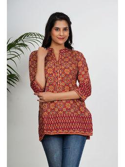 Vbuyz - Women Geometric Print Straight Cotton Red Stitched Tunic