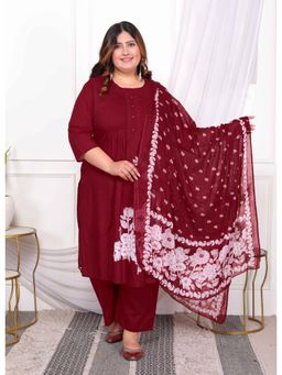 Doriyaan - Women's Red Floral Kurta with Palazzo and Dupatta (Set of 3)