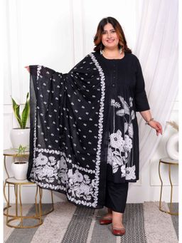 Doriyaan - Women's Black Floral Kurta with Palazzo and Dupatta (Set of 3)